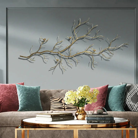 Homary Gold-Tone Iron Branch & Birds Wall Art | 57" Wide Sculptural Metal Wall Décor | No Assembly, 3-Year Warranty