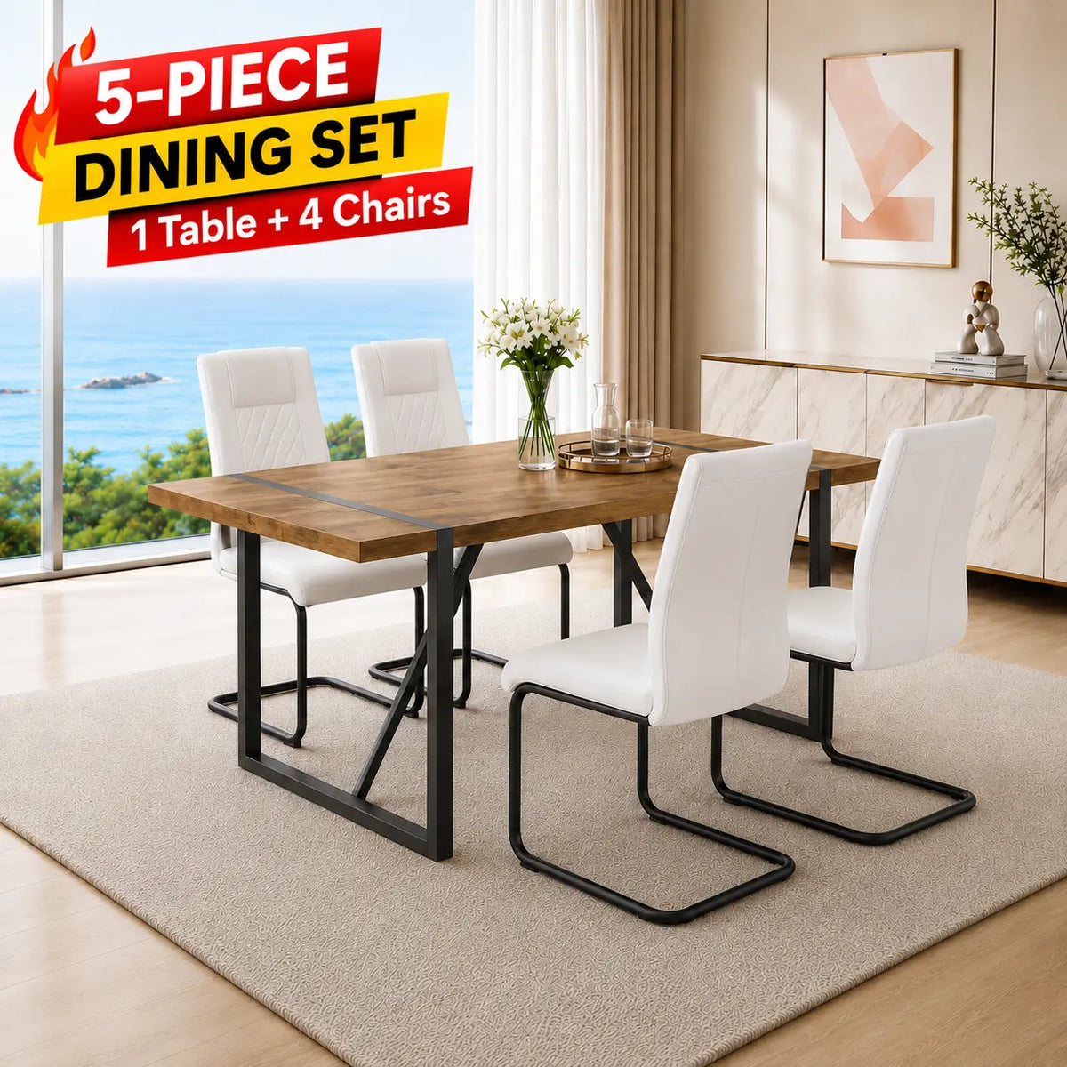 Stylish 7-Piece Dining Table Set with White Rectangular MDF Table and 6 Leather Chairs - Perfect for Modern Homes!