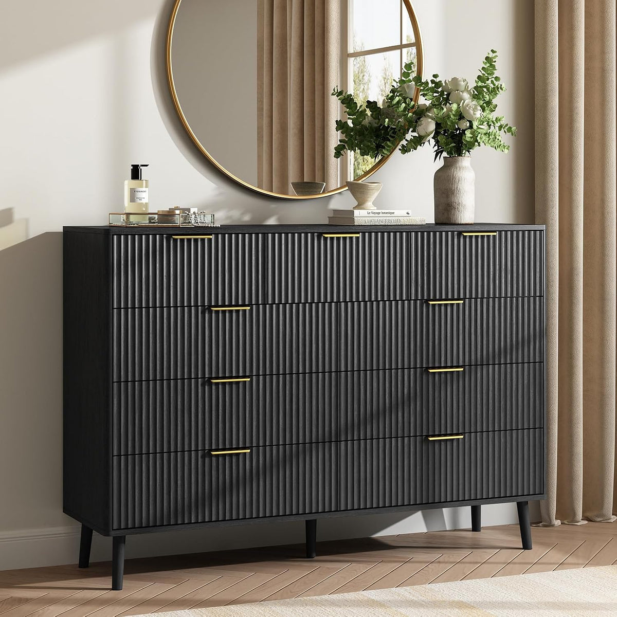 Black Fluted 9 Drawer Dresser
