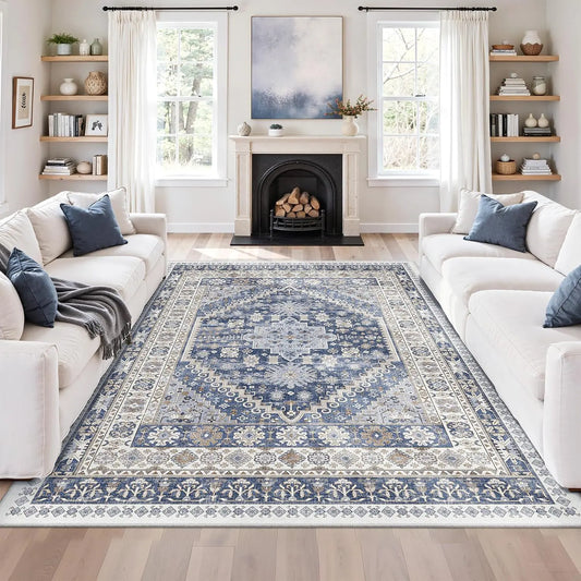 Comicomi Decorative Rugs for Bedroom, Non-Slip Backing Machine Washable Vintage Bohemian Geometric Pattern Large Pink Stain-Resistant Soft