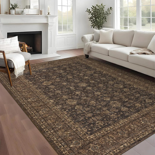 Washable Vintage Distressed Floral Area Rug | Ultra-Thin Low Pile, Non-Slip | Beige, Brown, Blue or Black | Sizes 2×6 to 10×13