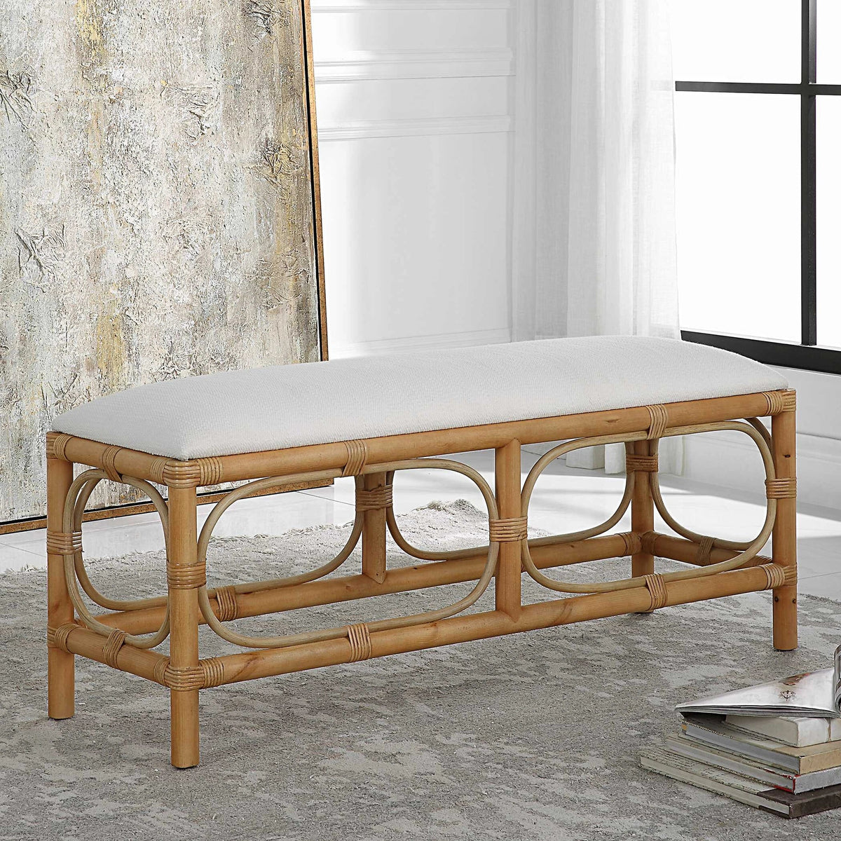 White Fabric Rattan Bench