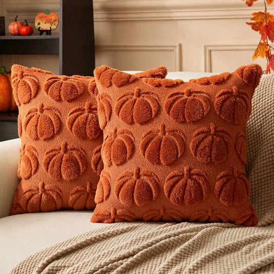 Fall Decorative Throw Pillow Covers - 18x18 Halloween Plush Pumpkin Accent for Home & Porch Decor
