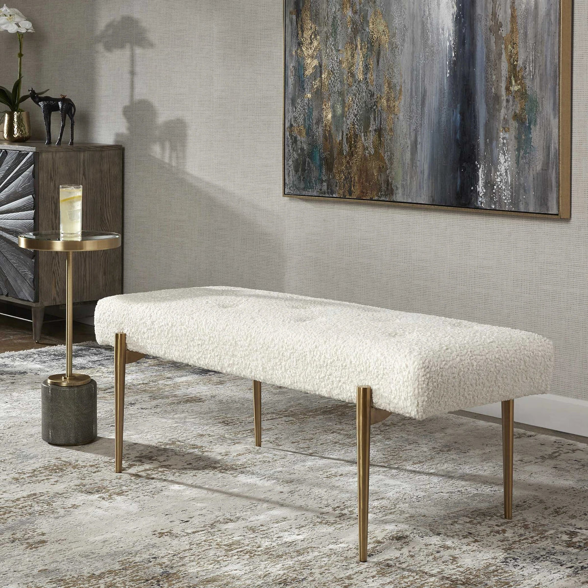 White Shearling Tufted Bench