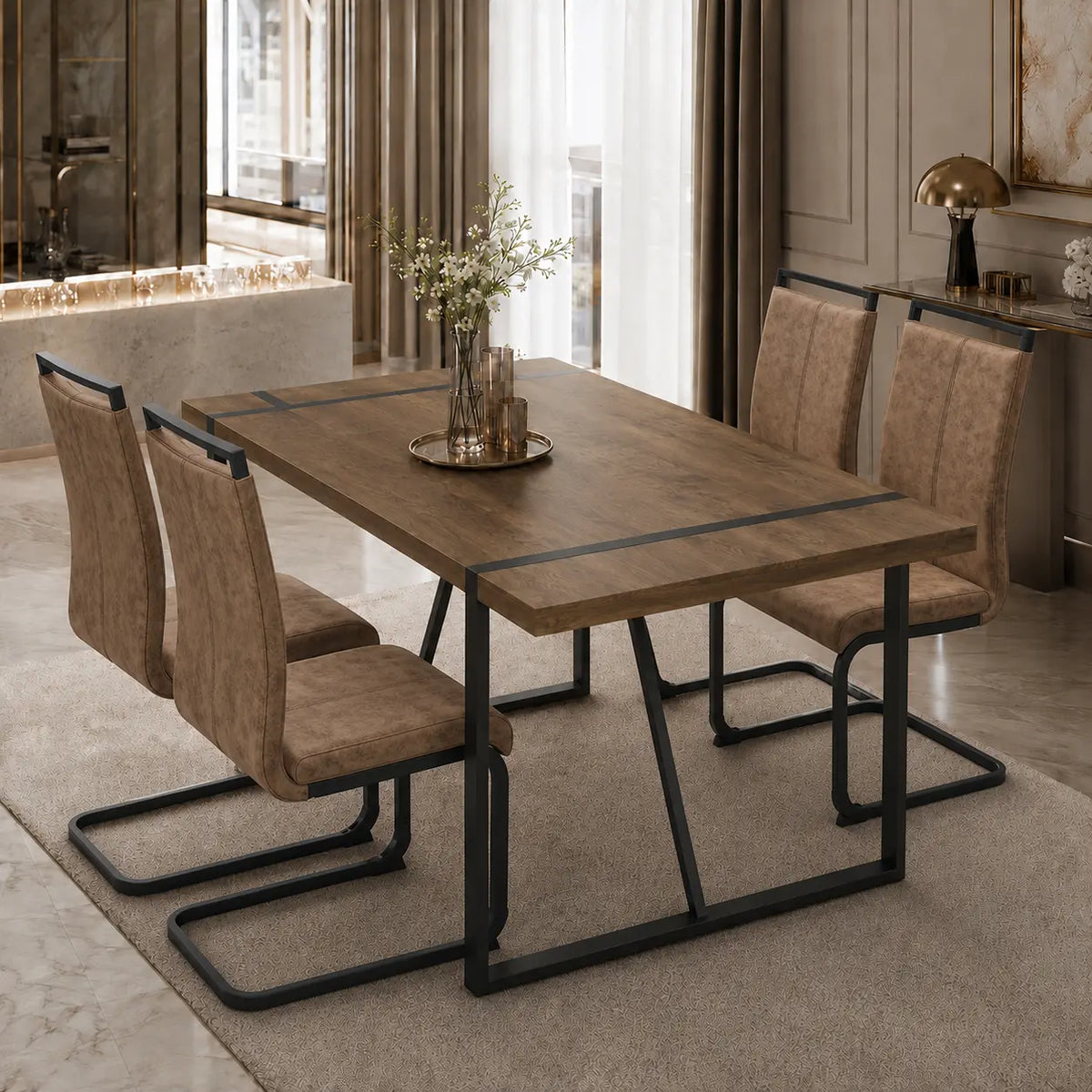 Elegant 5-Piece Dining Table Set for 6 - Modern White Rectangular MDF Table with Comfortable Leather Chairs