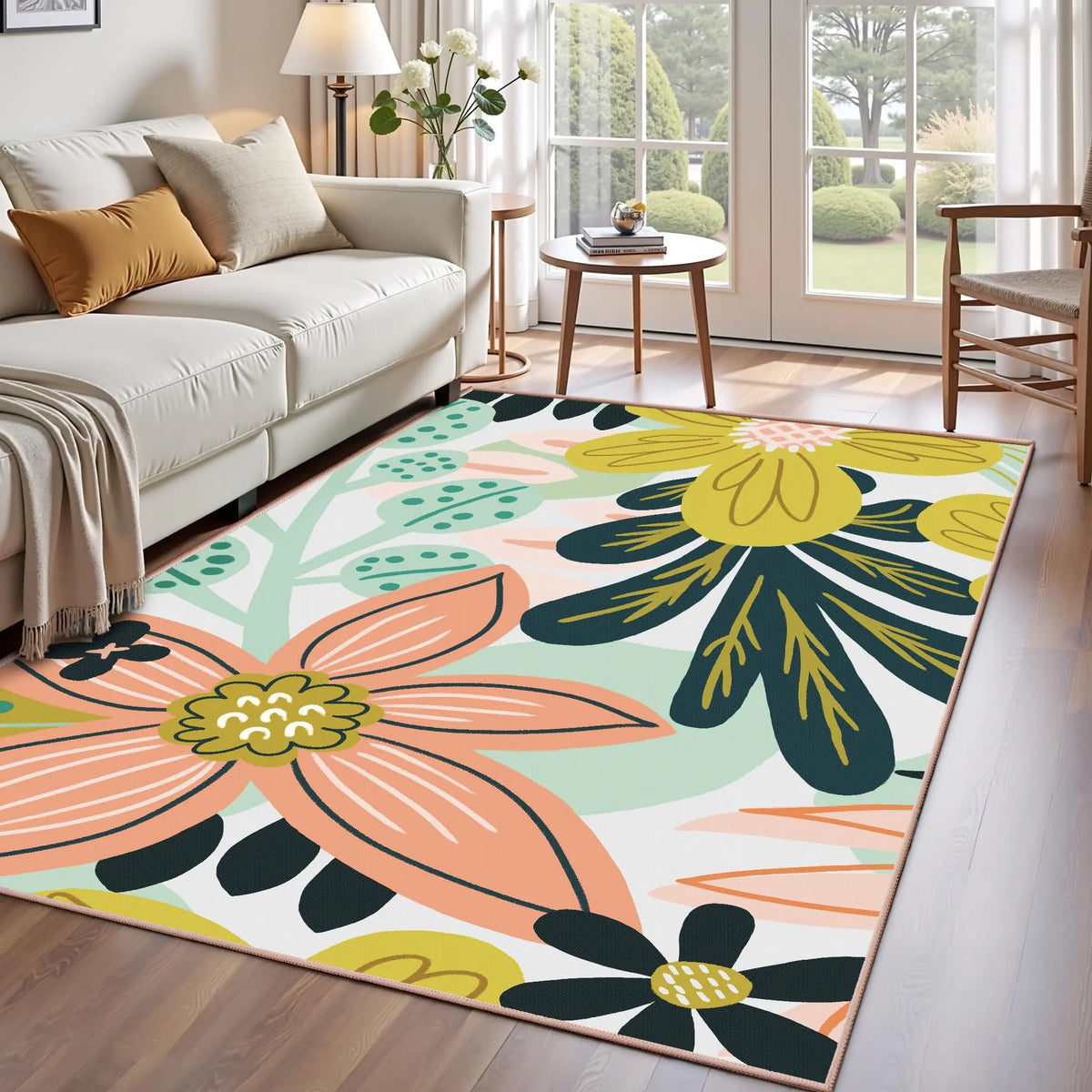 Tyrot Boho Floral Washable Area Rug - Non-Slip, Ultra Soft Mid-Century Modern Room Decor Botanical Carpet for Living Room, Bedroom | Plant-Themed Farmhouse Accent Rug Summerwins, Botanical Area Rugs