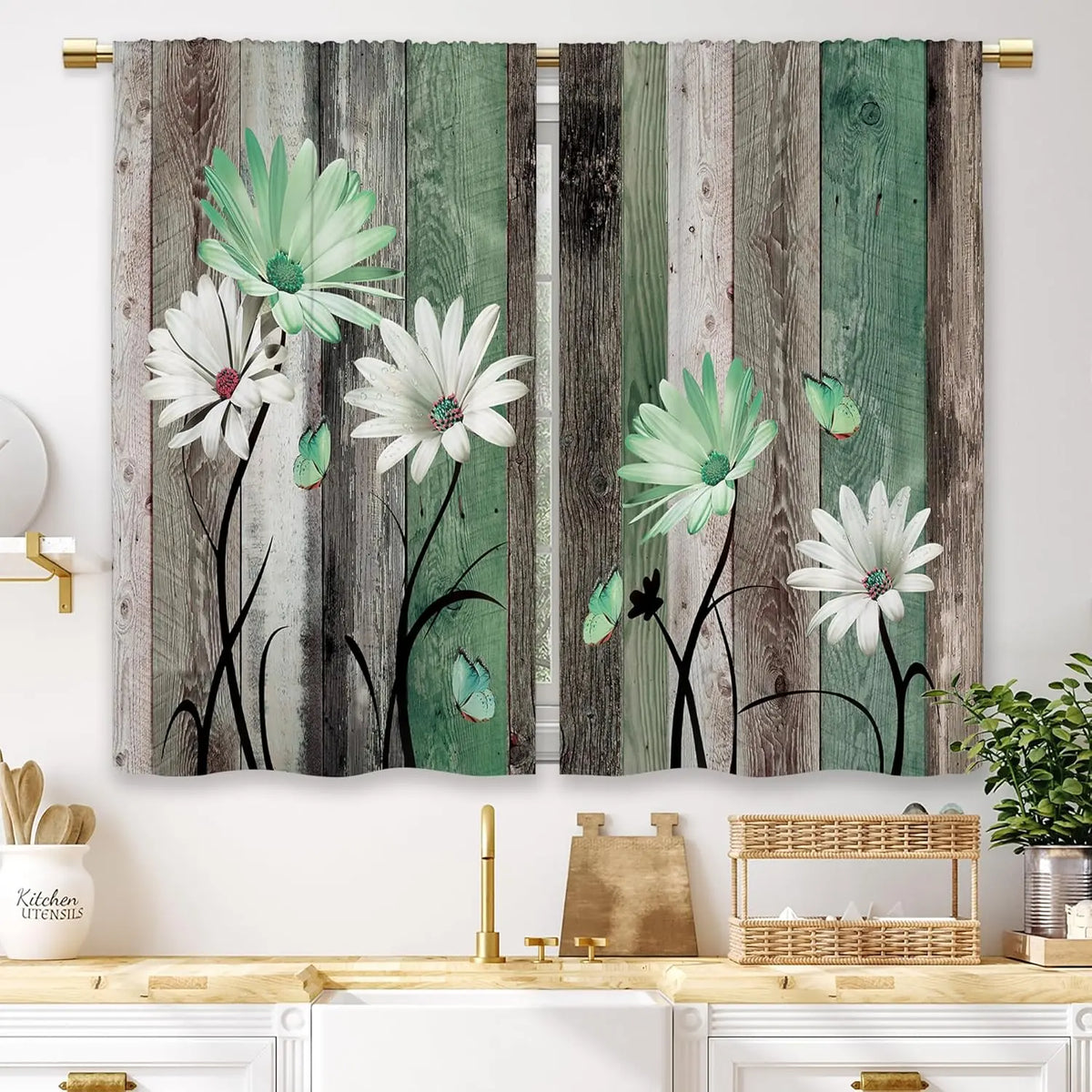Teal Farmhouse Daisy Kitchen Curtains - Rustic Floral Butterfly Short Cafe Drapes for Country Homes (2 Panels, 27.5x39 Inch)