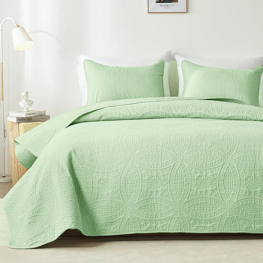 3-Piece Microfiber Bedding Set - Queen Size Light Green Ultrasonic Quilted Bedspread Coverlet, Soft Bedspreads with Coin Patchwork