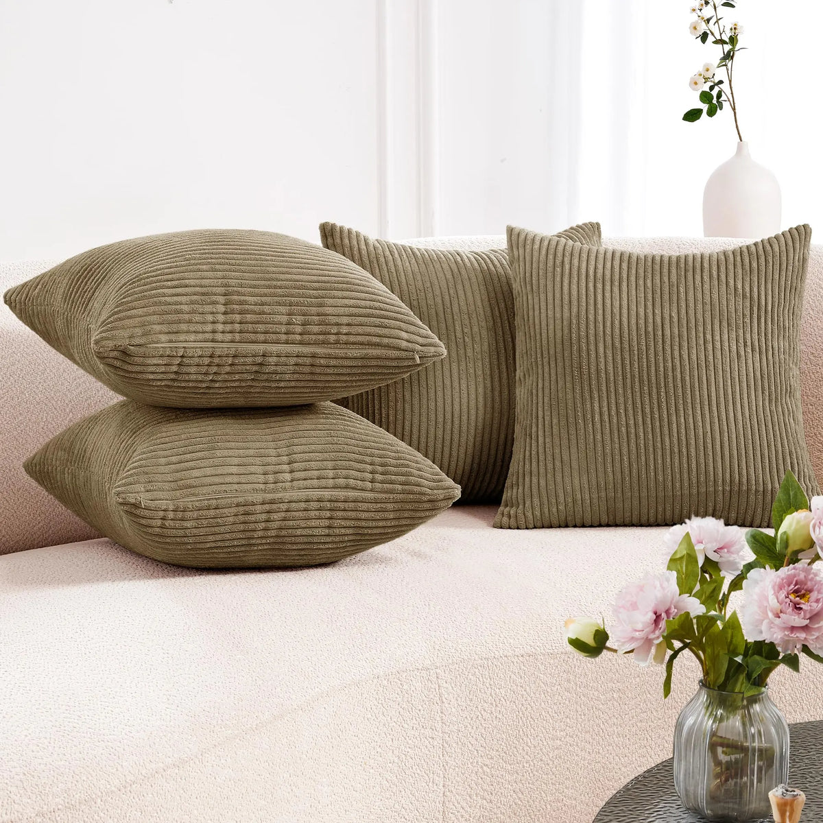 Transform Your Space with Deconovo's Set of 4 Cream Corduroy Striped Throw Pillow Covers - Perfect for Sofa, Couch, or Bed!