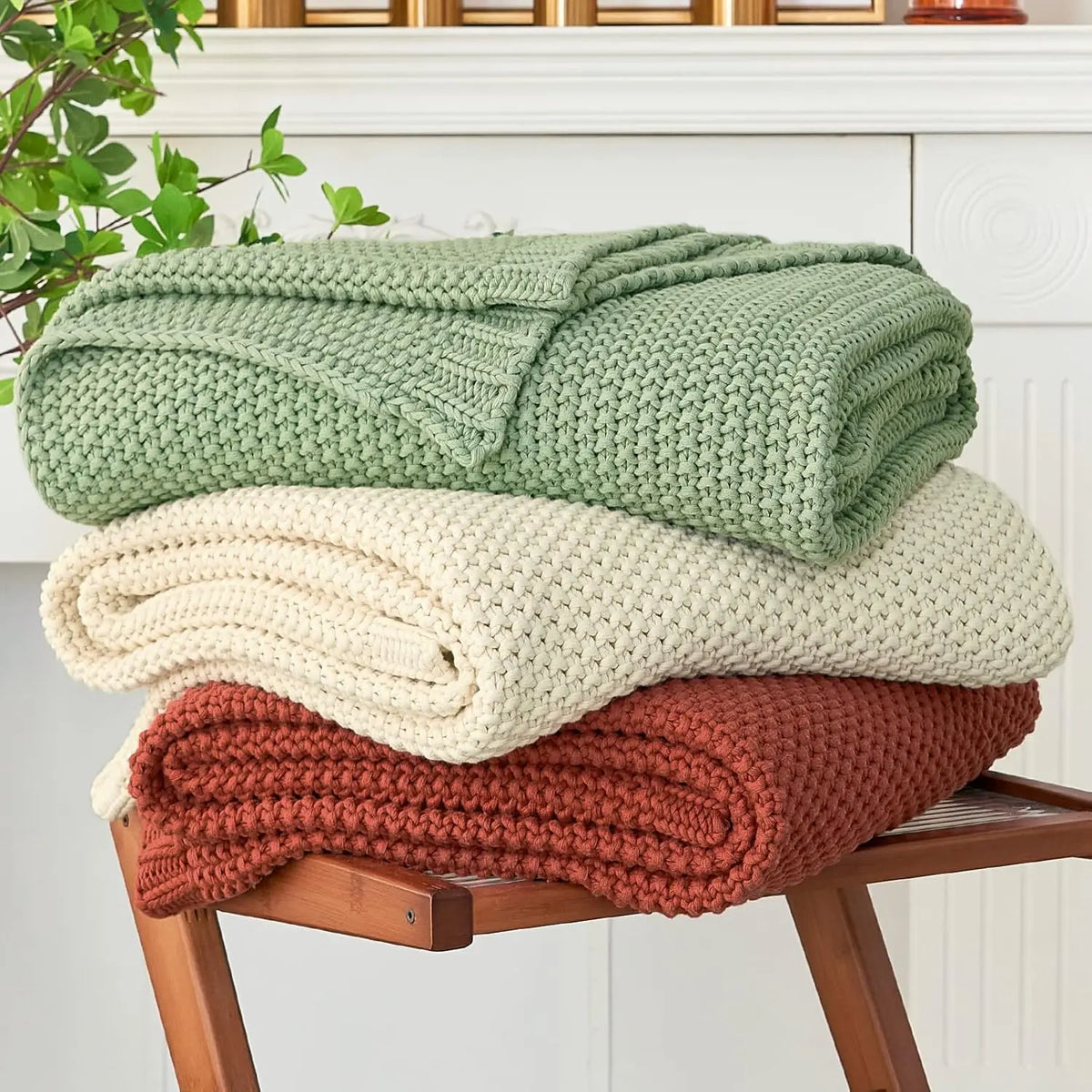 Chunky Knit Throw Blanket Lightweight Beige Cotton Blanket for Sofa Couch Bed , Rustic Shabby Chic Modern Farmhouse, 51 X 63 Give Bag