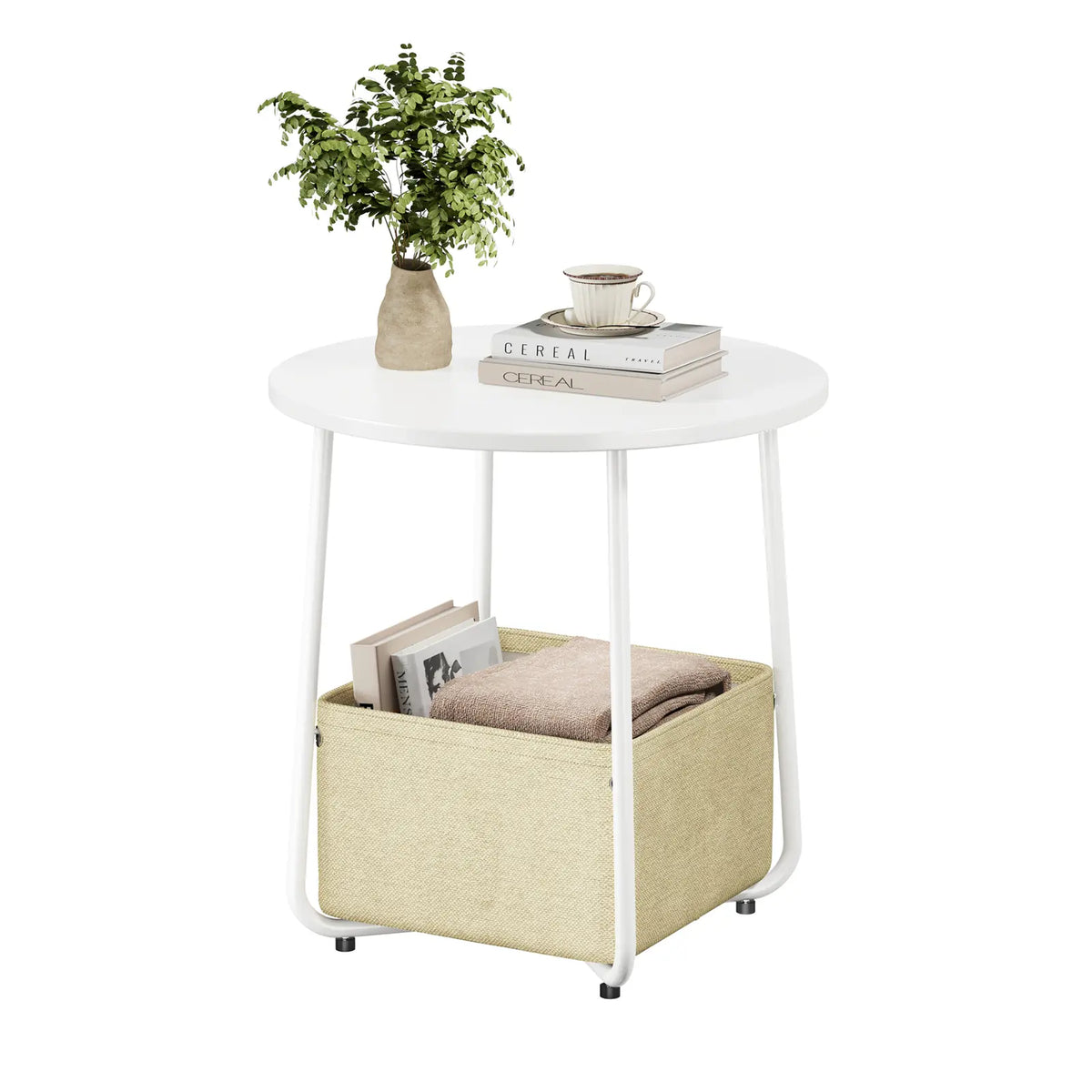 Flycity Modern Round Side Table - White Finish with Fabric Basket for Storage