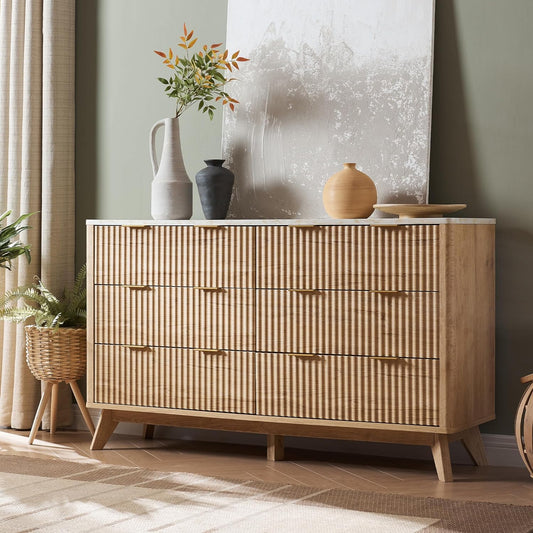 54" Fluted 6-Drawer Dresser in Natural Oak with Faux Marble Top
