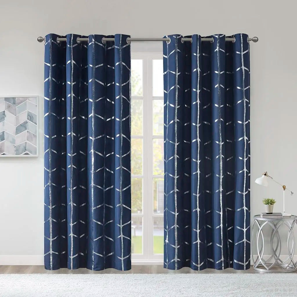 Raina Total Blackout Metallic Print Grommet Top Window Curtain Panel Thermal Insulated Light Blocking Drape for Bedroom Living Room and Dorm 1 Piece