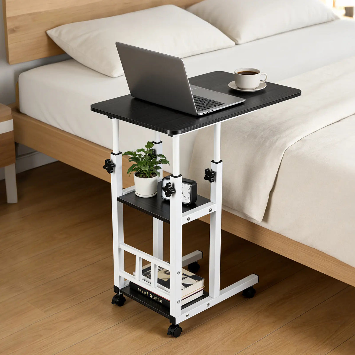 Functional Black C Shaped End Table with Adjustable Height and Wheels