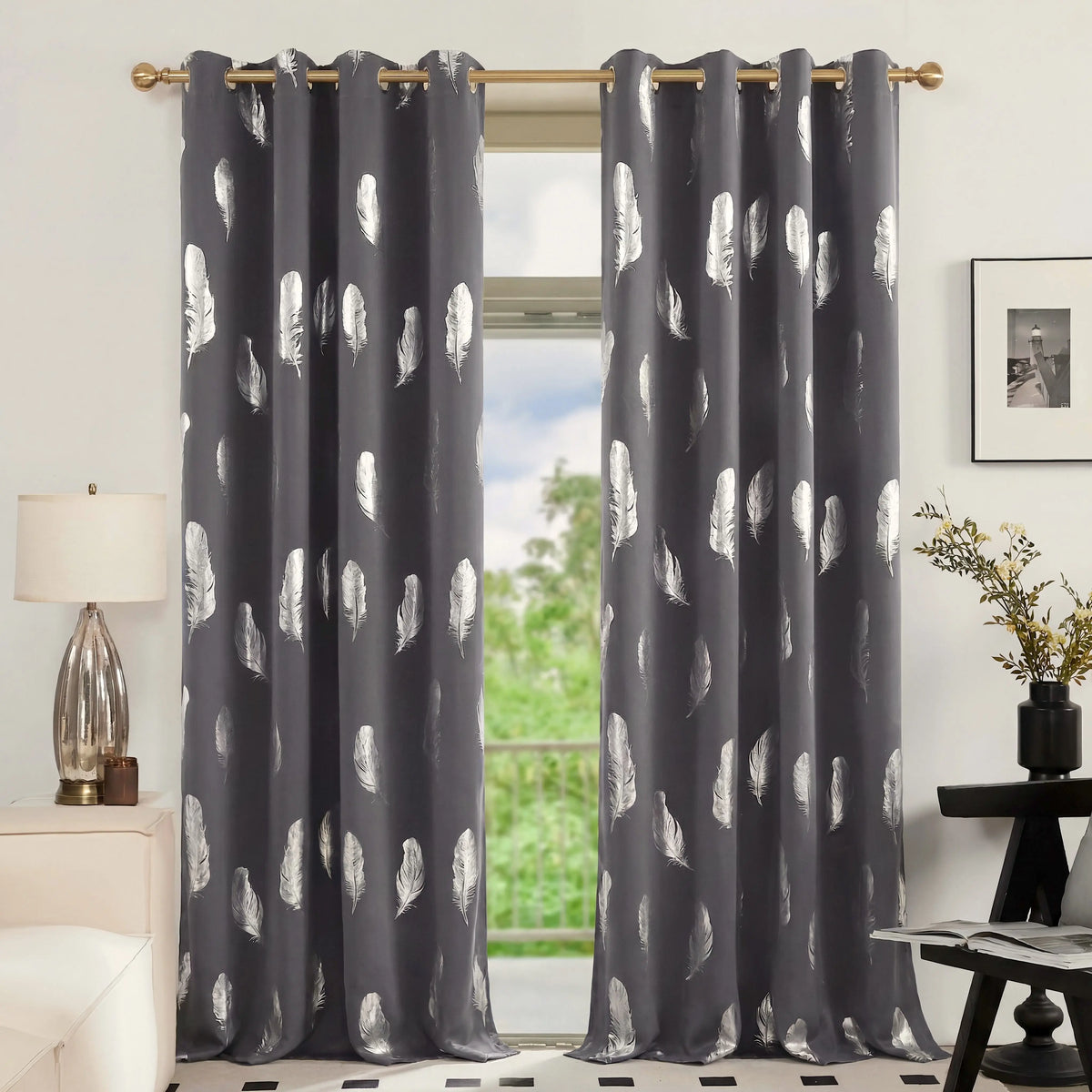 2 Panels of 52"x84" Foil Metallic Printed Grommet Blackout Curtains - Thermal Insulated Drapes for Privacy and Comfort