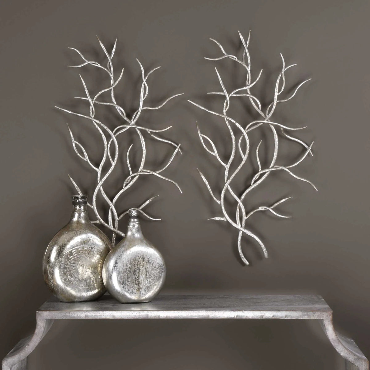 Silver Leaf Branch Wall Art, Set of 2