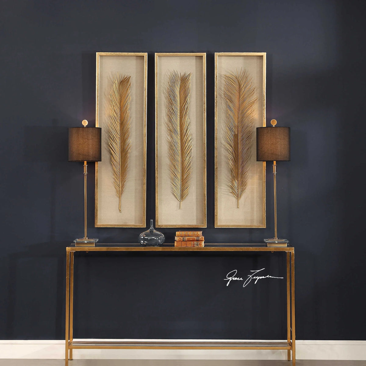 Gold Leaf Palm Shadow Box Art, Set of 3
