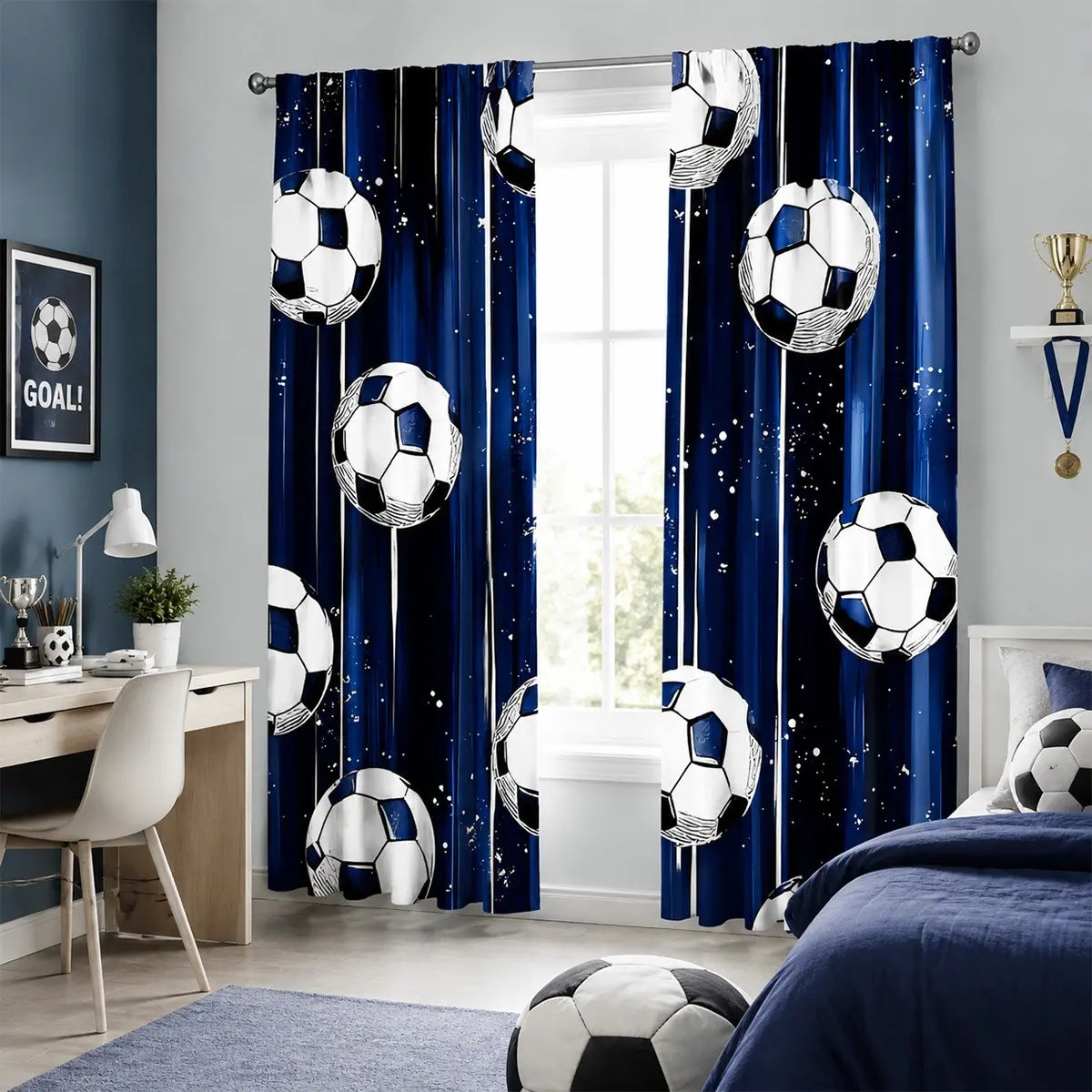 2Pcs Blue Soccer Curtains - Thermal Insulated Blackout Drapes with Stars for Boys' Bedrooms and Game Rooms