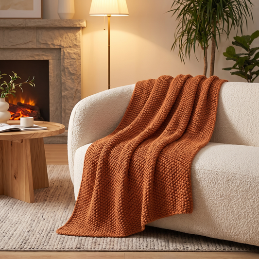 Lightweight Cotton Chunky Knit Throw draped on sofa