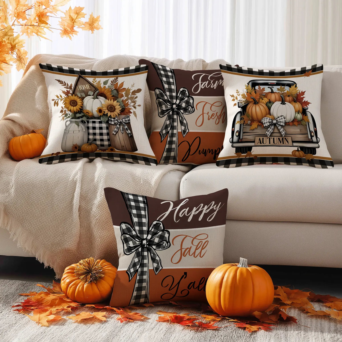 4-Piece Thanksgiving Cushion Covers with Retro Truck and Pumpkin Design