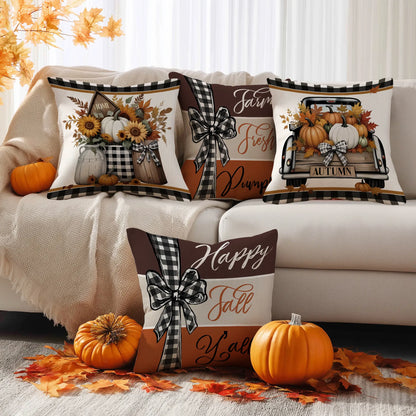 4-Piece Thanksgiving Cushion Covers with Retro Truck and Pumpkin Design