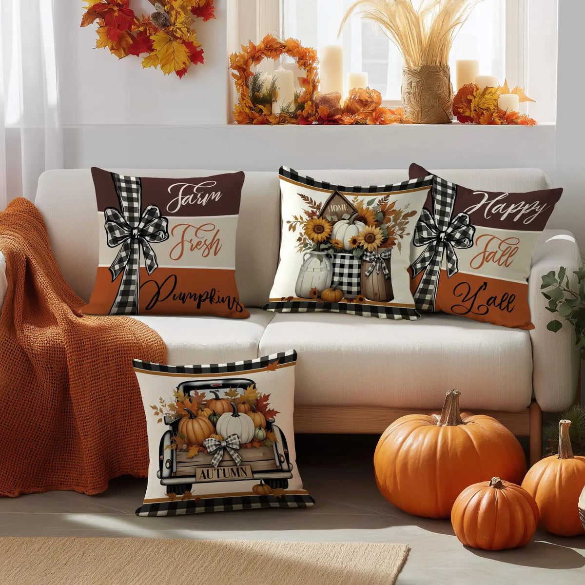 4-Piece Thanksgiving Cushion Covers with Retro Truck and Pumpkin Design
