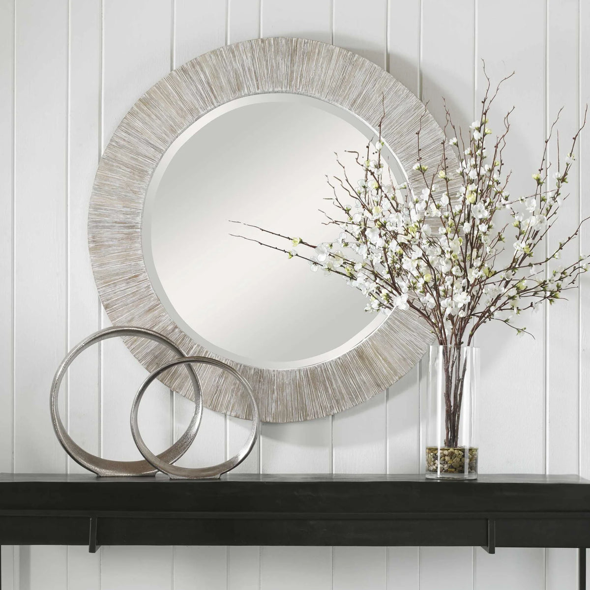 Whitewash Bamboo Round Mirror