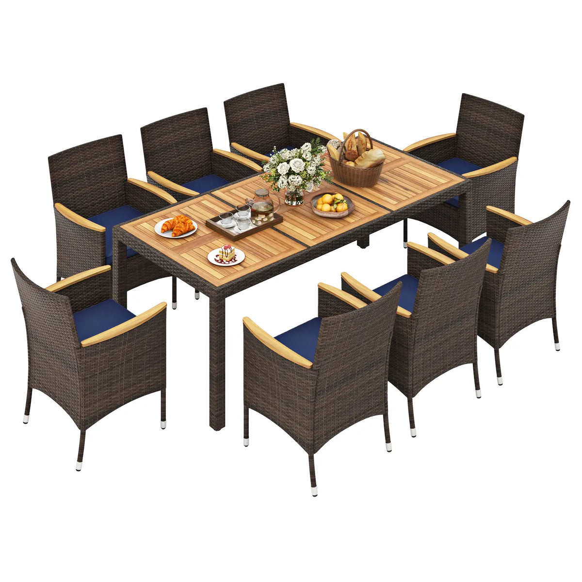 Costway - 9 Piece Outdoor Dining Set with Acacia Wood Table Top-Navy