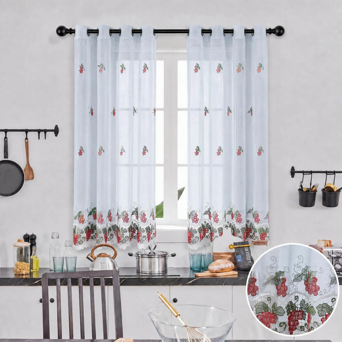 Lace Embroidered Fruit Sheer Curtains 52" × 60" | Set of 2 Faux Linen Café Panels, Grommet Top | Six Motifs