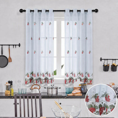 Lace Embroidered Fruit Sheer Curtains 52" × 60" | Set of 2 Faux Linen Café Panels, Grommet Top | Six Motifs