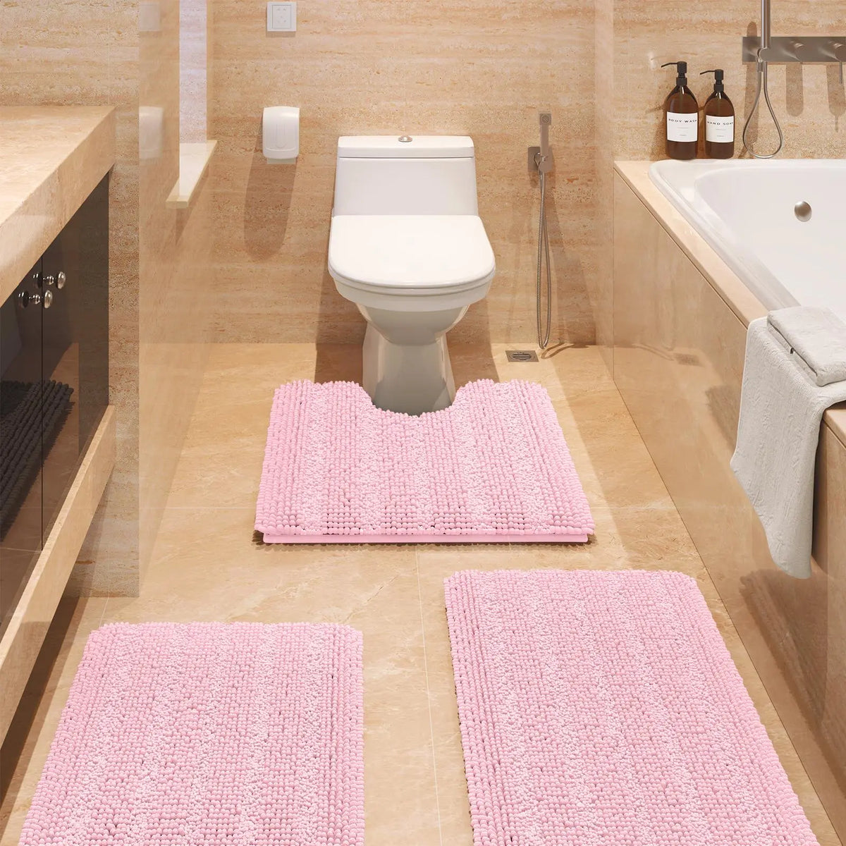 Transform Your Bathroom with the ACCUMTEK Luxurious Soft Striped Chenille Bath Rug Set - 3 Plush, Non-Slip Mats for Ultimate Comfort and Style