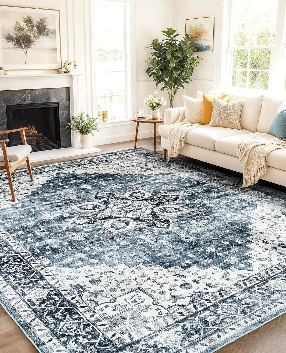 Homefurnishing 8X10 Washable Vintage Floral Area Rug - Non-Slip Backing & Durable Edge Binding for Living Room, Bedroom & Dining Room