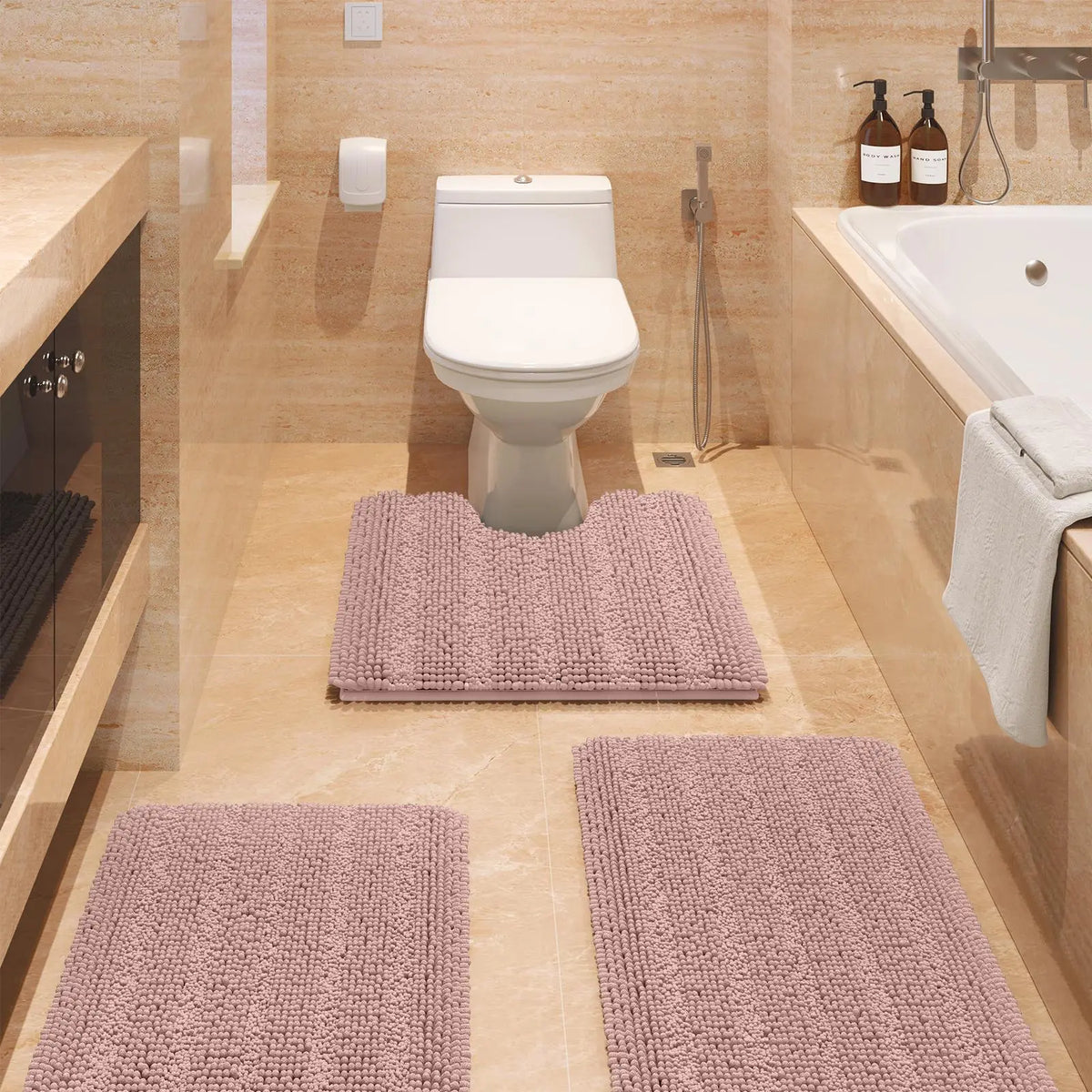 Transform Your Bathroom with the ACCUMTEK Luxurious Soft Striped Chenille Bath Rug Set - 3 Plush, Non-Slip Mats for Ultimate Comfort and Style