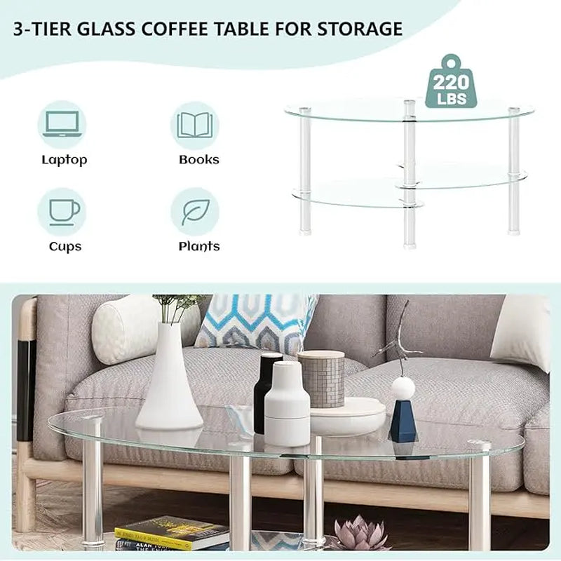 Transparent Oval Glass Coffee Table - Modern Tempered Glass Design with Stainless Steel Legs and 3-Layer Storage for Your Living Room