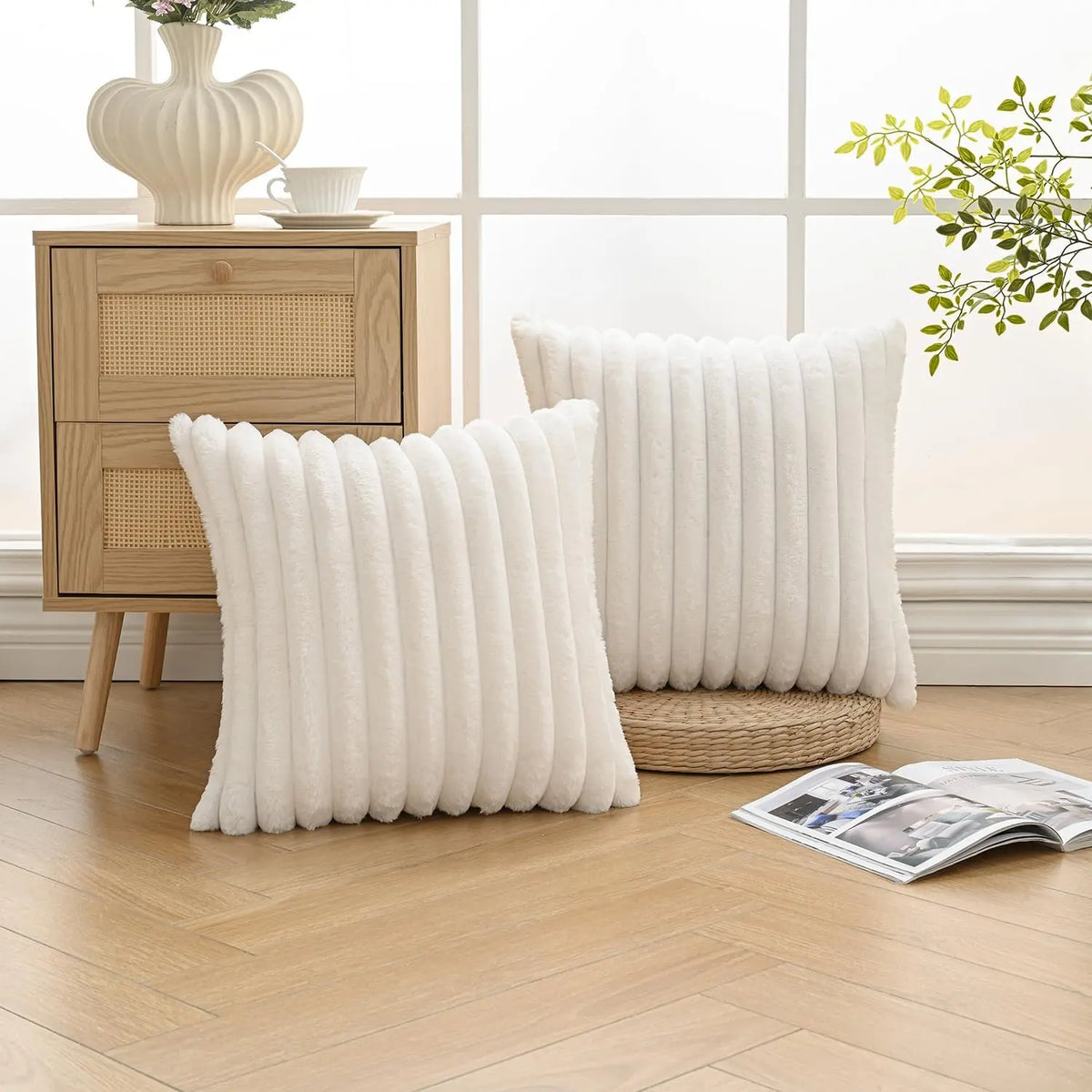 Set of 2 Luxuriously Soft Faux Plush Decorative Throw Pillow Covers - 18x18 Inches, Cream White Striped Accent Cushions for Sofa, Couch, and Bed