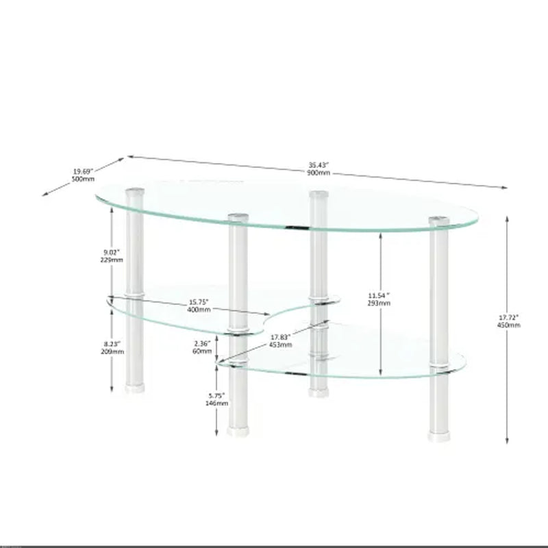 Transparent Oval Glass Coffee Table - Modern Tempered Glass Design with Stainless Steel Legs and 3-Layer Storage for Your Living Room