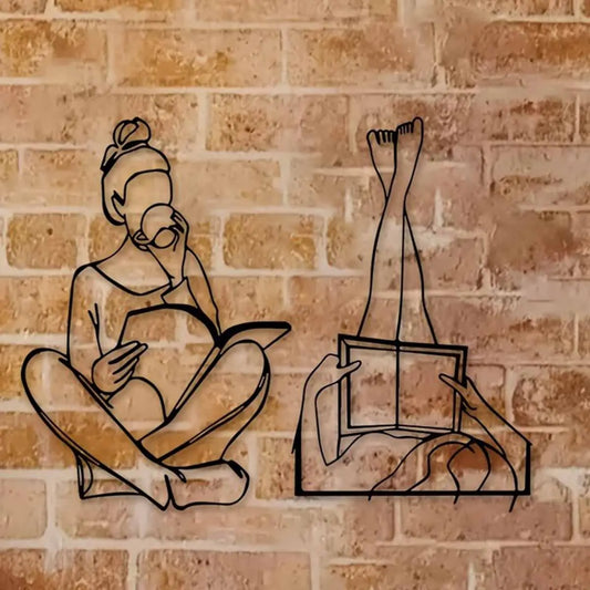 Reading Girl & Book Metal Wall Art - 2 Piece Set for Home Decor, Perfect for Living Room, Bedroom, or Office