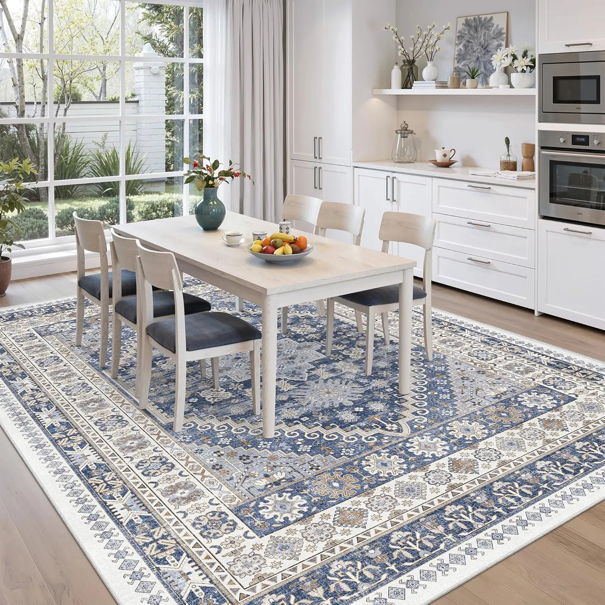 Comicomi Boho Vintage Washable Area Rug - Non-Slip, Stain Resistant, Perfect for High Traffic Areas (Blue/Beige, 8'X10')