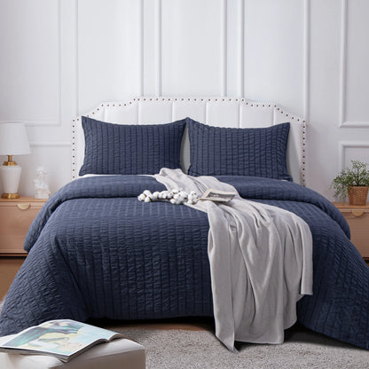 Bedsum Soft Bedding Set, Seersucker Textured Stripe Washed Microfiber Pattern Duvet Cover Set with Zipper Closure