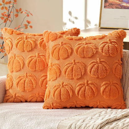 Set of 2 Fall Throw Pillow Covers 18X18 Pumpkin Design – Autumn Decor for Sofa, Couch & Porch