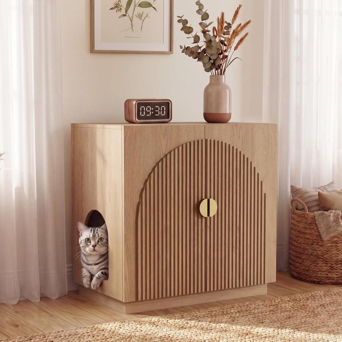 Large Cat Litter Box Enclosure with Storage - Fluted Design and Adjustable Features in Natural Finish