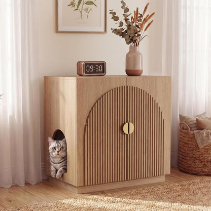 Large Cat Litter Box Enclosure with Storage - Fluted Design and Adjustable Features in Natural Finish