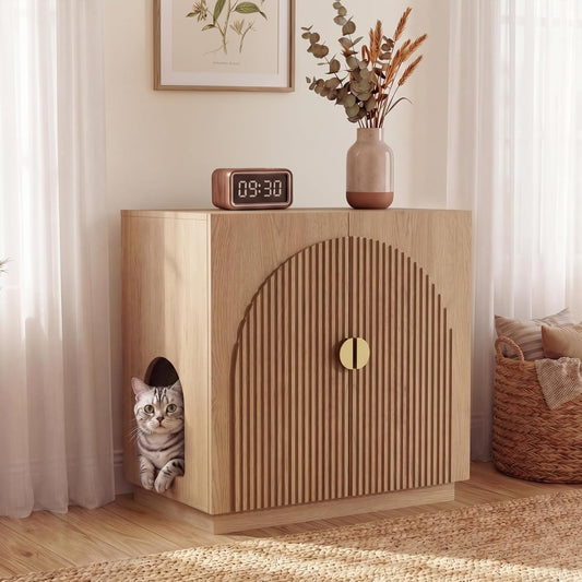 Large Cat Litter Box Enclosure with Storage - Fluted Design and Adjustable Features in Natural Finish