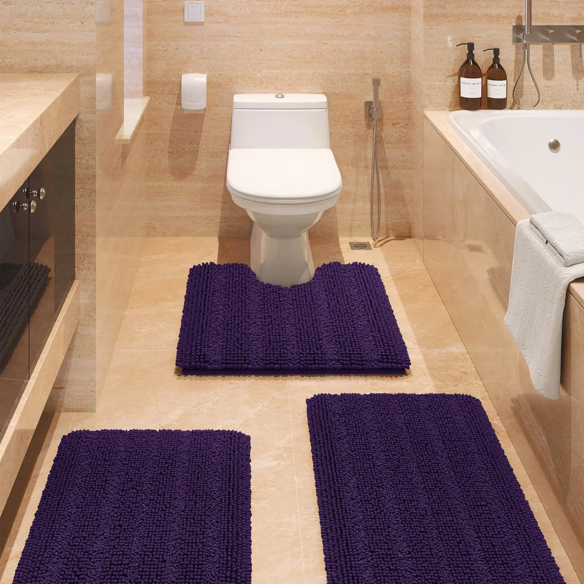 Transform Your Bathroom with the ACCUMTEK Luxurious Soft Striped Chenille Bath Rug Set - 3 Plush, Non-Slip Mats for Ultimate Comfort and Style