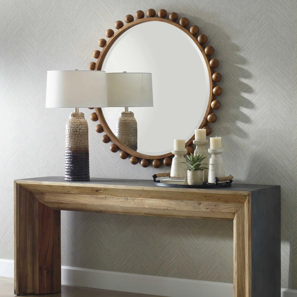 Wood Beaded Round Mirror