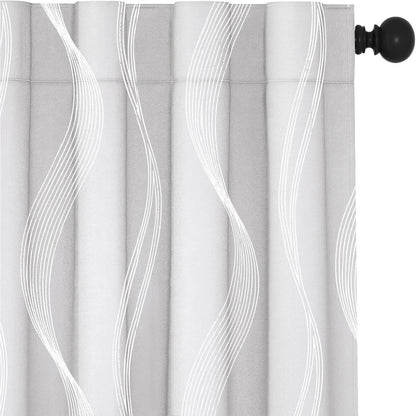 Transform Your Space with Deconovo Silver Print Wave Striped Blackout Curtains - 2 Panels of Thermal Insulated, Soundproof Elegance for Your Living Room or Bedroom