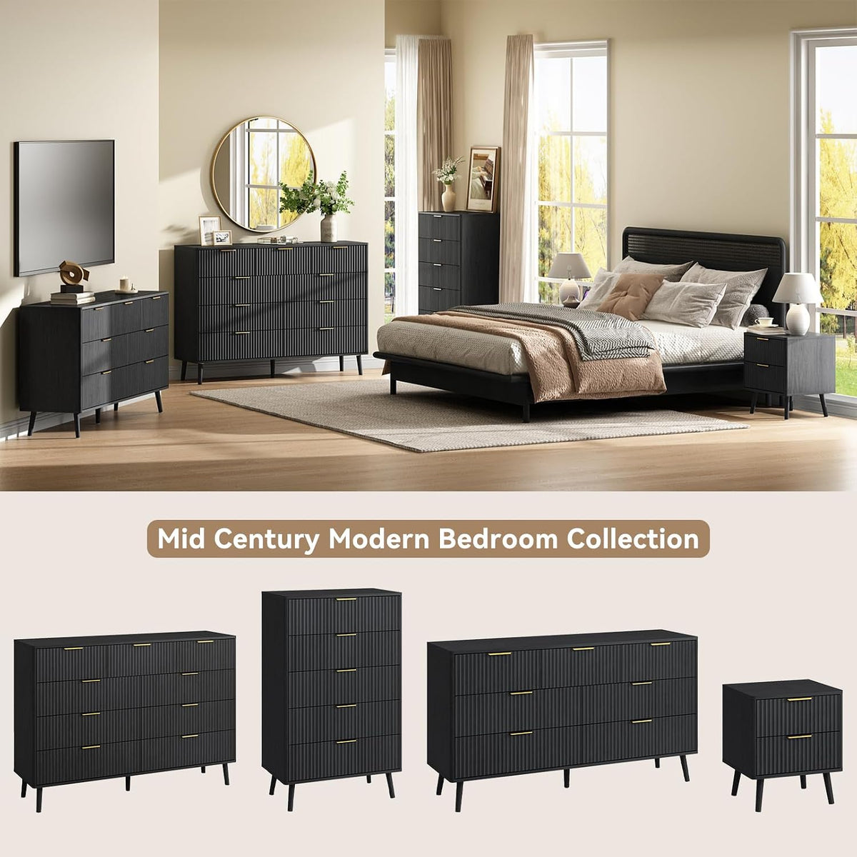 Modern 7 Drawer Dresser in Black with Gold Handles