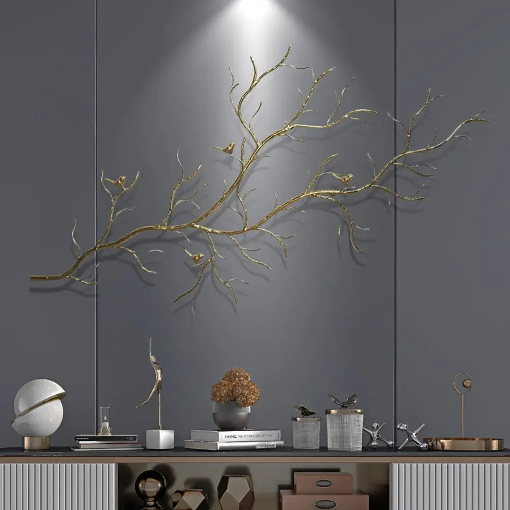 Homary Gold-Tone Iron Branch & Birds Wall Art | 57" Wide Sculptural Metal Wall Décor | No Assembly, 3-Year Warranty