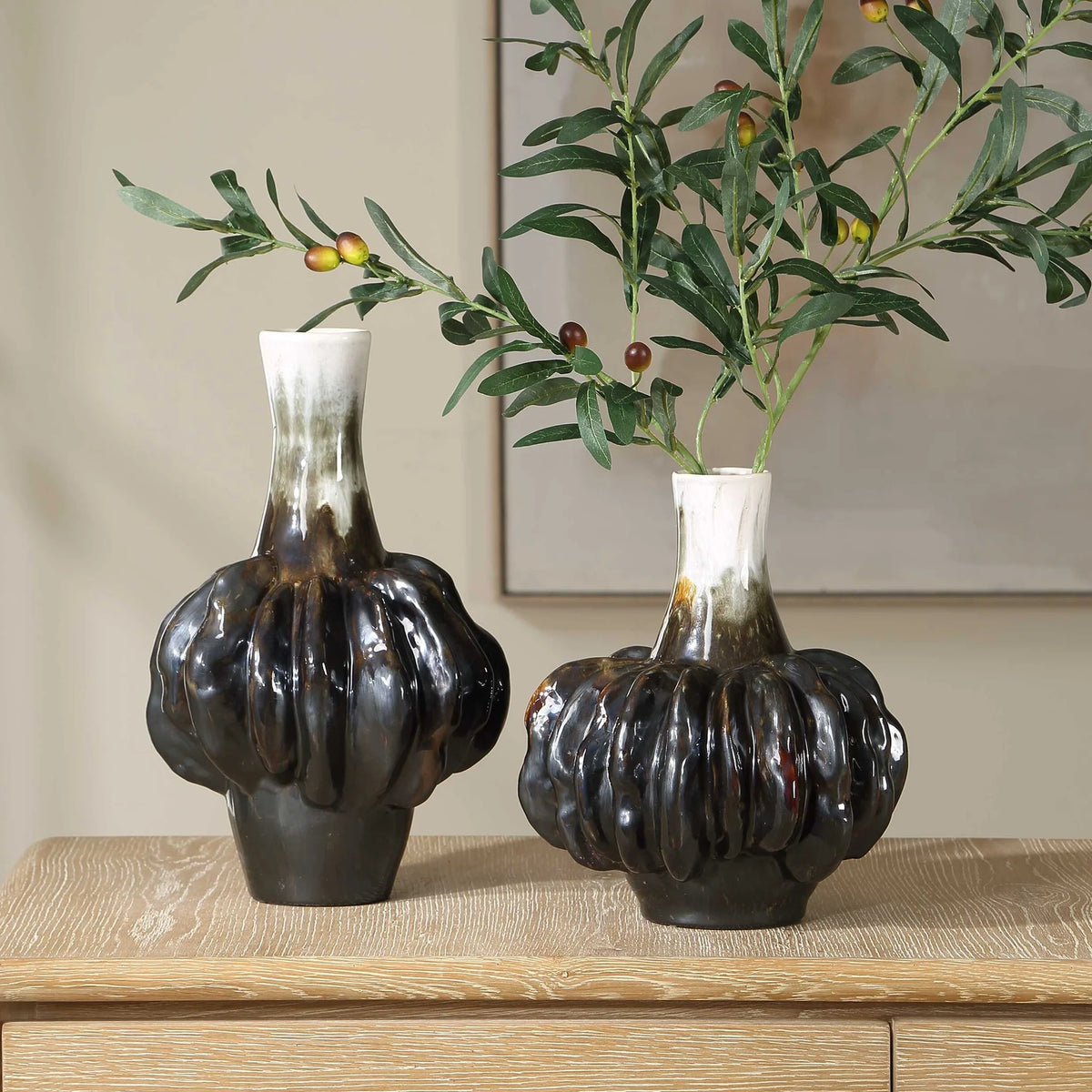 White & Brown Gourd Vases Set/2