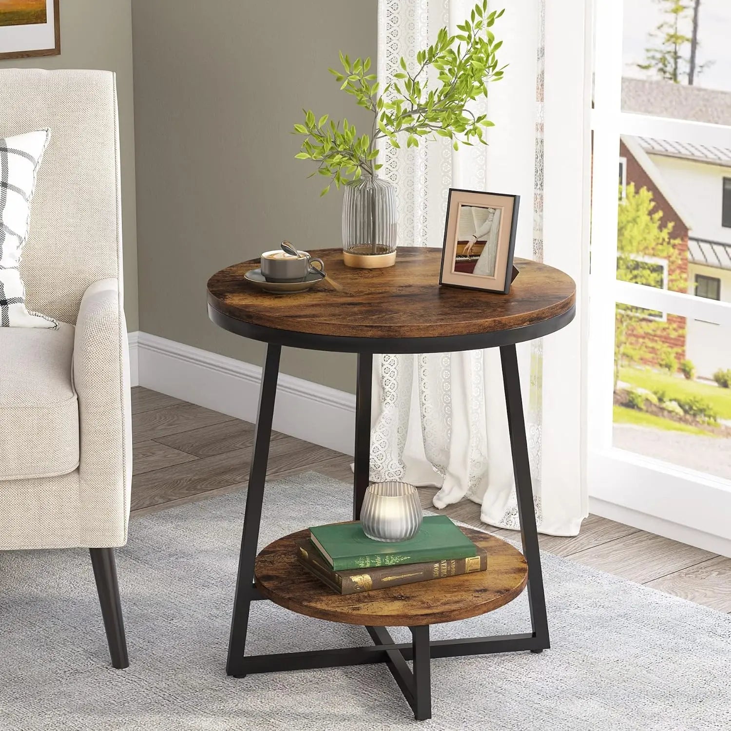 Tribesigns 2-Tier Round End Table with Storage Shelf